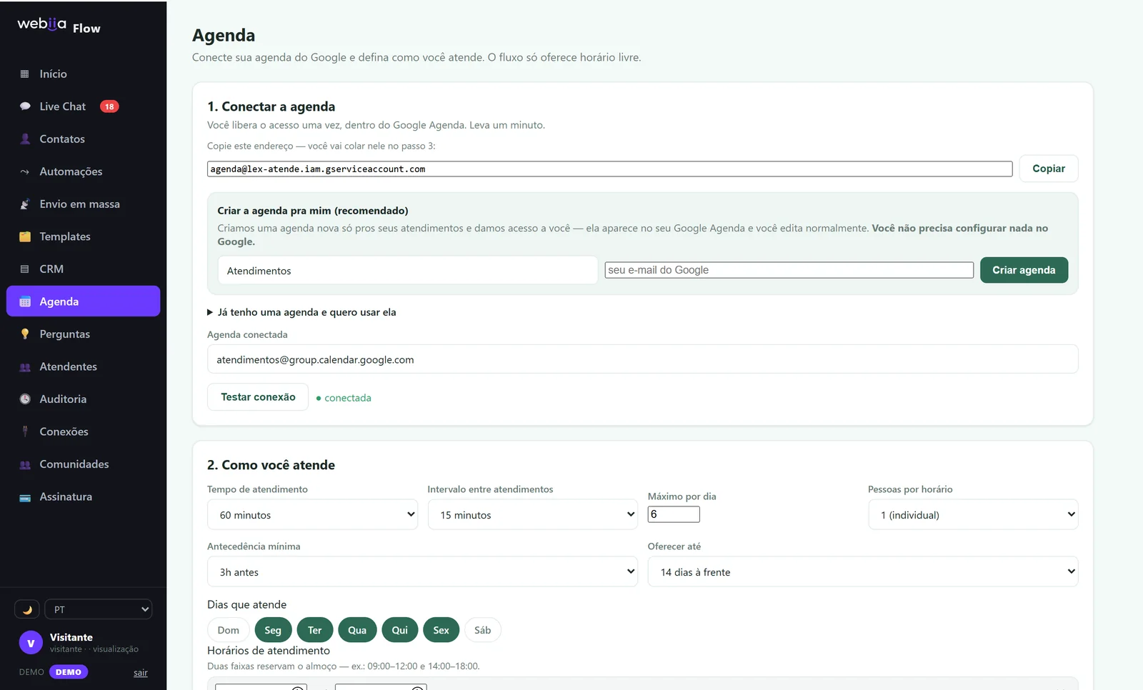 Configuração da agenda: conexão com o Google Agenda, duração, intervalo, máximo por dia e dias de atendimento