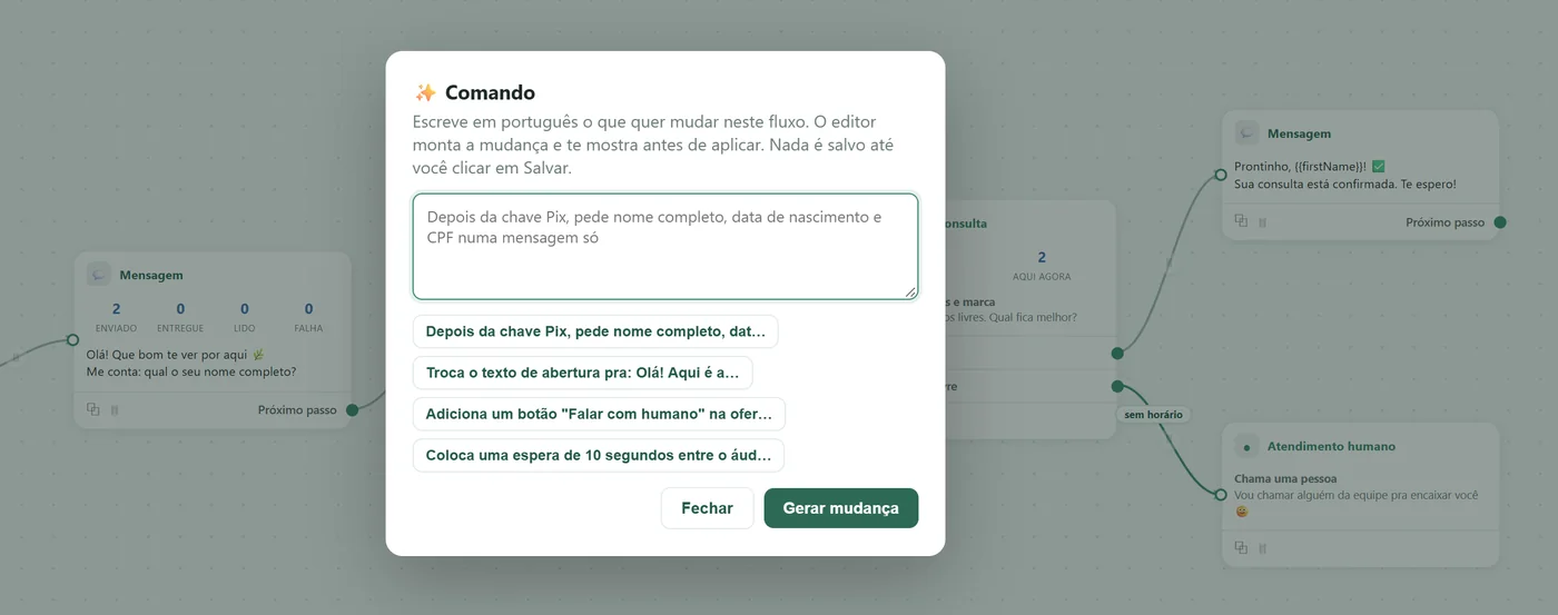 Janela Comando do editor: você escreve em português a mudança e o editor monta