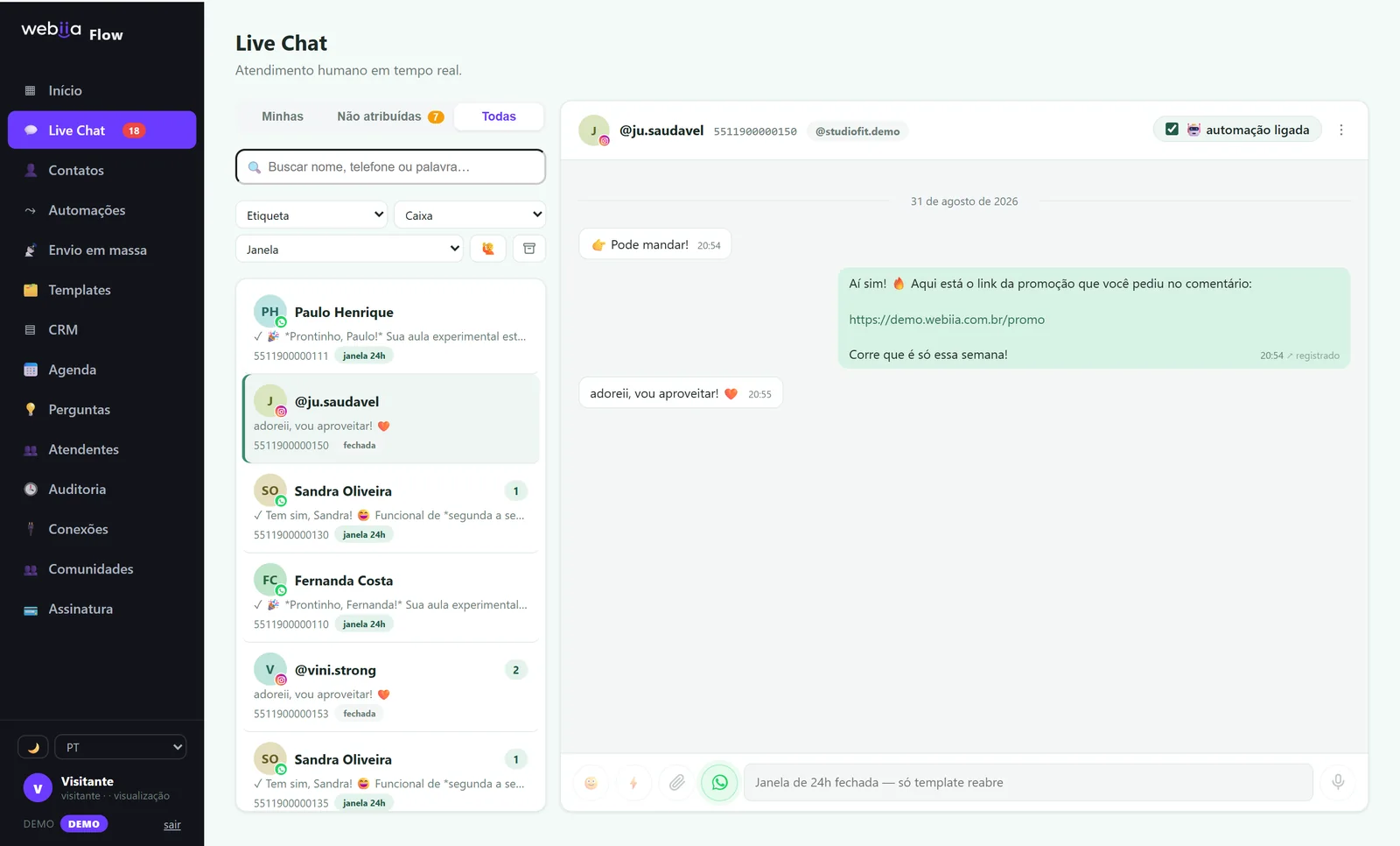 Conversa do Instagram no Live Chat: a pessoa comentou no post e recebeu o link da promoção no Direct