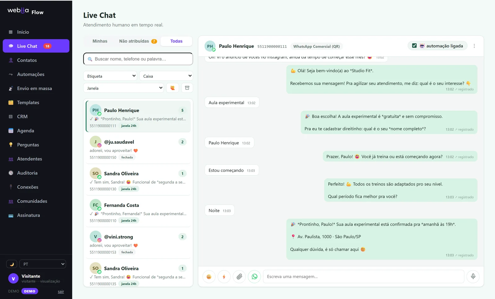 Live Chat do Webiia Flow com as conversas de WhatsApp dos inscritos