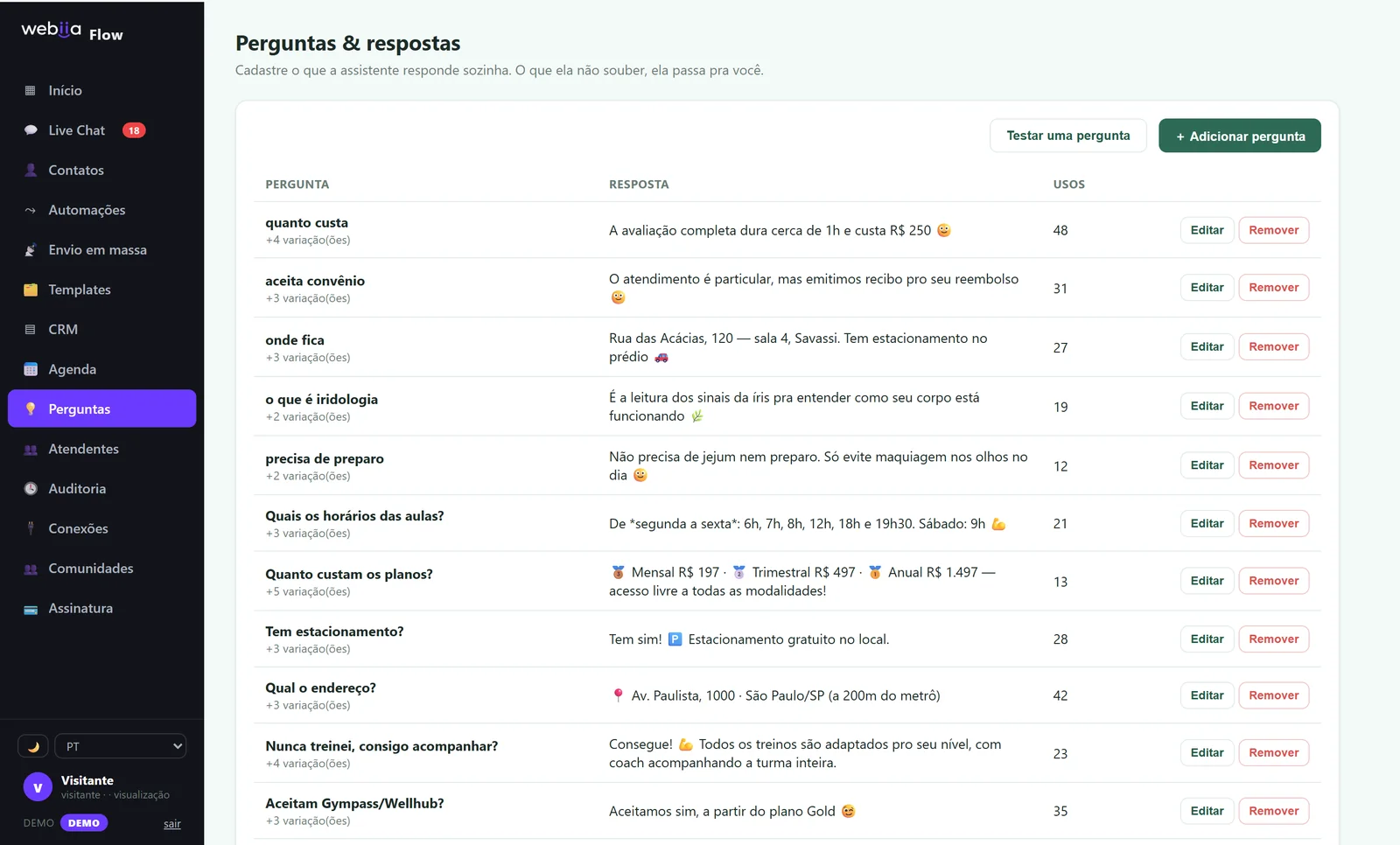 Tela de perguntas e respostas com a contagem de quantas vezes cada resposta foi usada