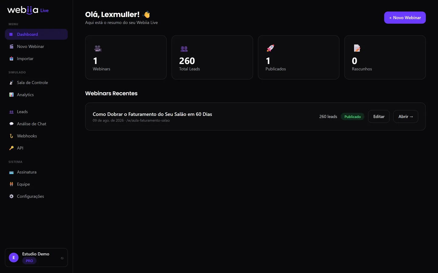 Dashboard do Webiia Live com total de webinários, leads, publicados e rascunhos