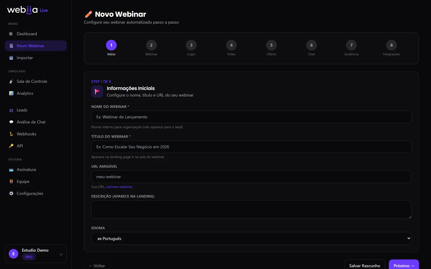 Montagem do webinário em 8 passos: início, webinar, login, vídeo, oferta, chat, audiência e integrações