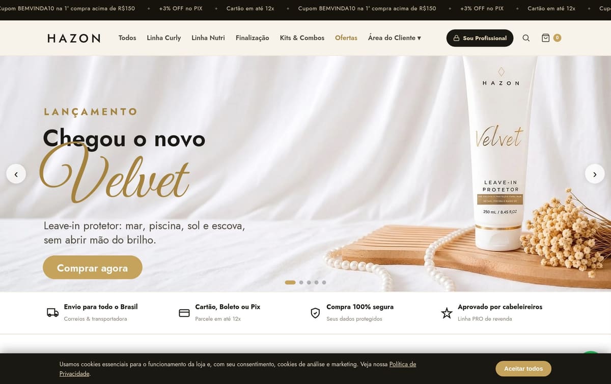 Página inicial da Hazon Hair rodando no Webiia Loja: barra de cupom, menu por linha de produto, slider de lançamento e selos de frete, pagamento e segurança