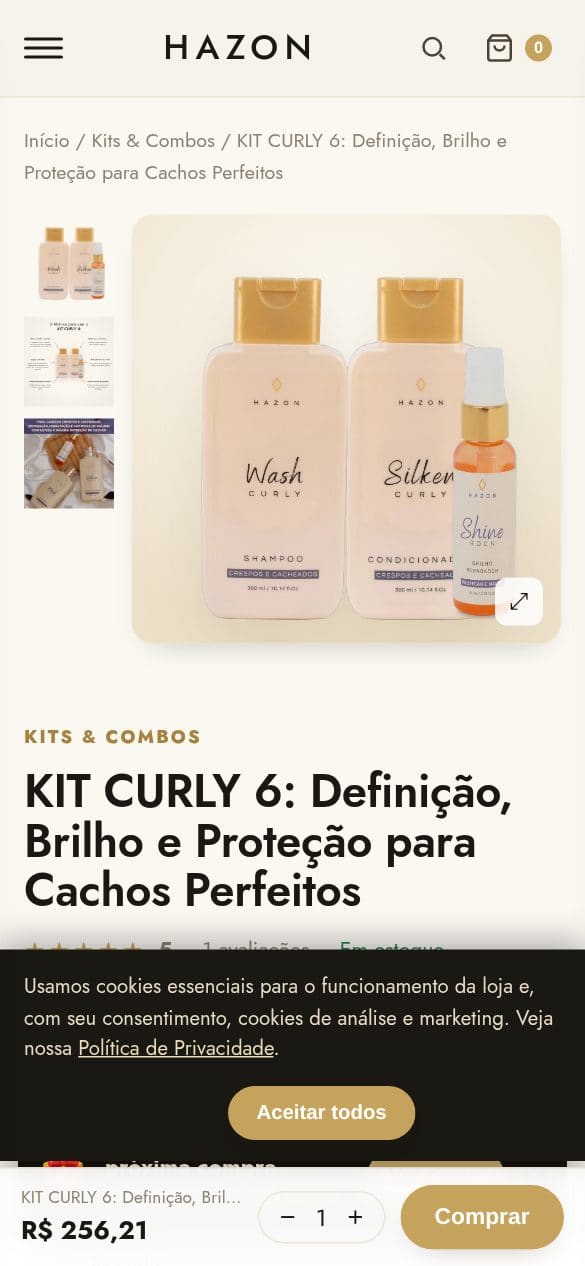 Página de produto da Hazon no celular, com preço, parcelamento, Pix com desconto e botão de compra fixo