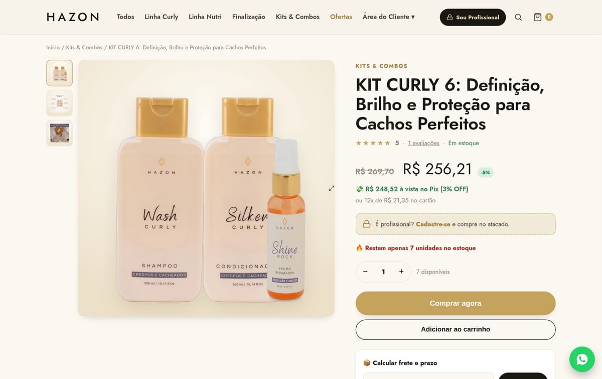Página de produto do Kit Curly 6 na Hazon: galeria, avaliação 5 estrelas, preço com desconto, Pix com 3% off, 12x no cartão, aviso de estoque baixo e calculadora de frete