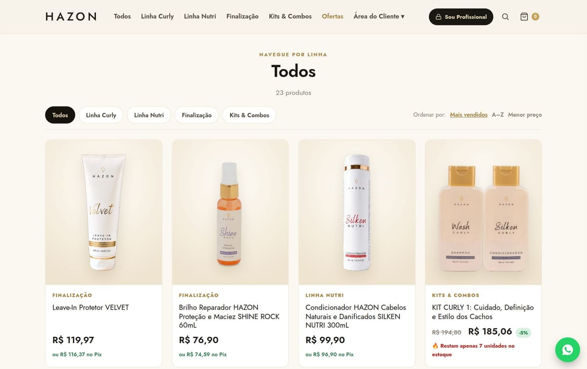 Vitrine de todos os produtos da Hazon Hair, com filtros por linha Curly, Nutri, Finalização e Kits