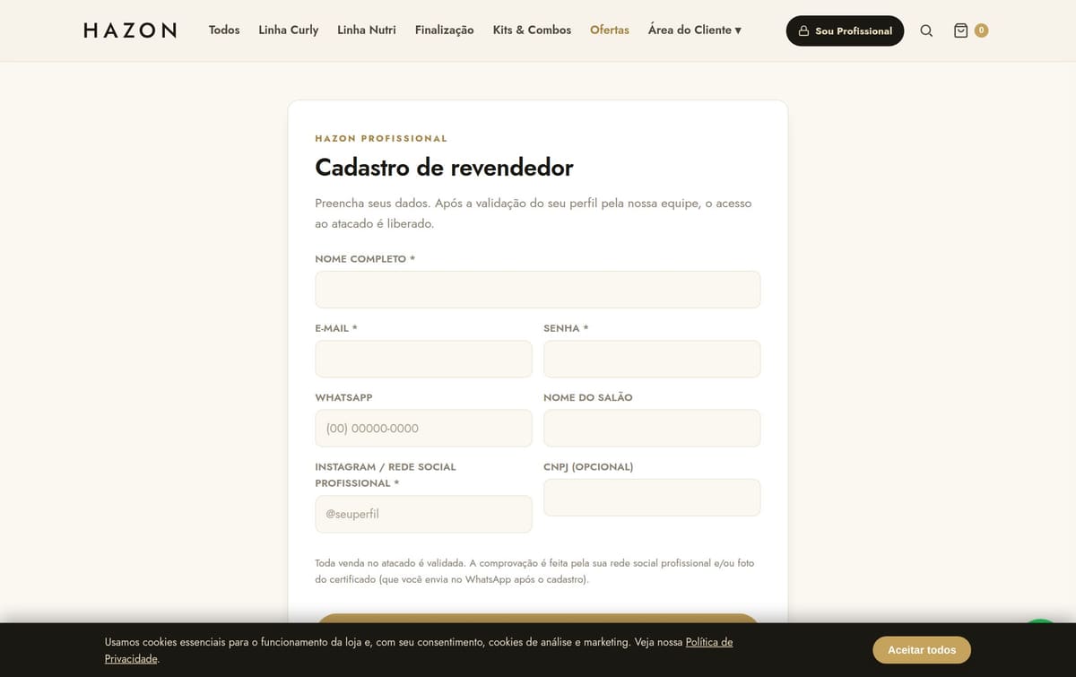 Página de cadastro de profissional da Hazon: compre no atacado, tabela PRO liberada após validação, pedido mínimo a partir de R$ 400