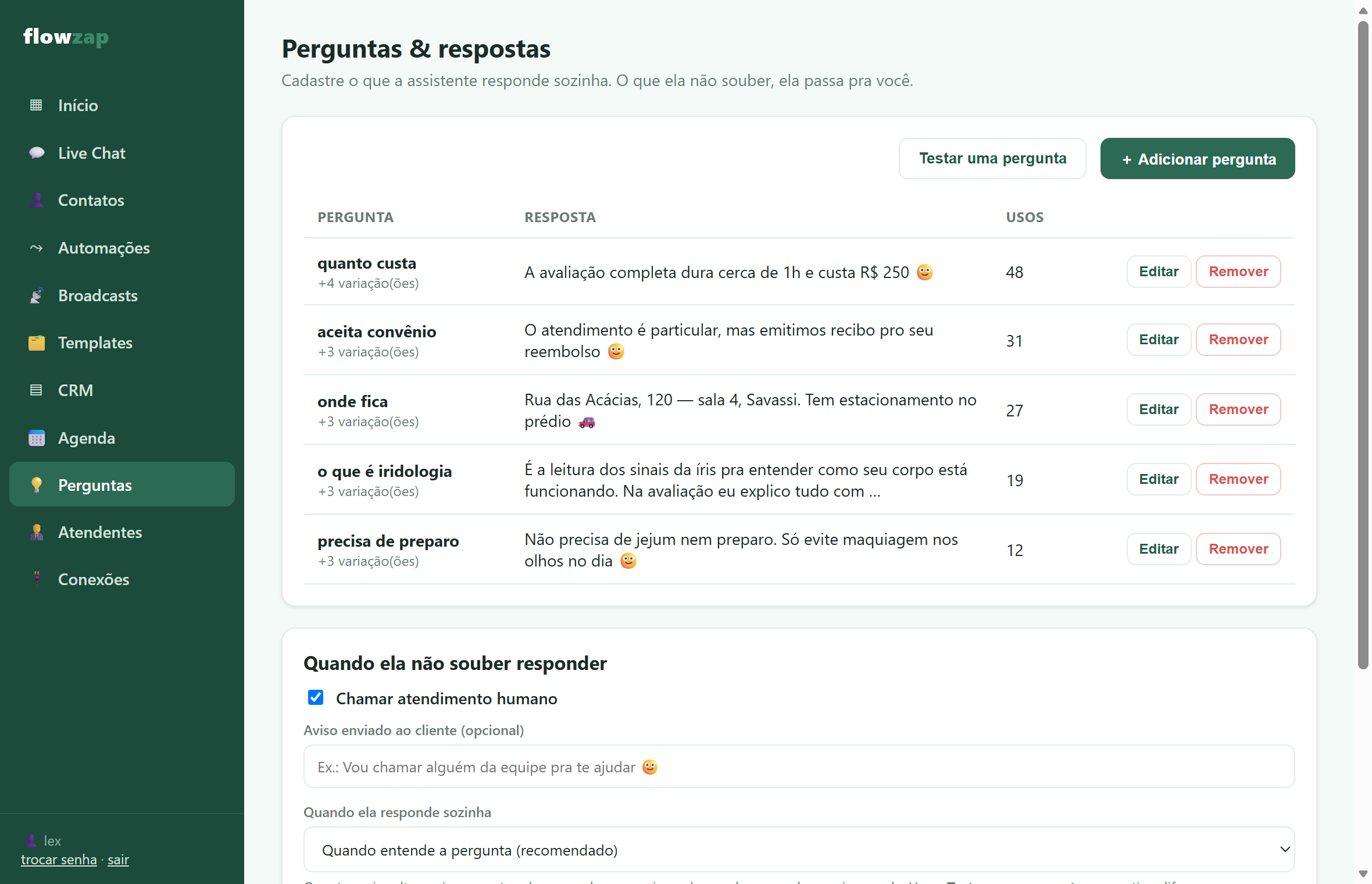 Tela de perguntas e respostas do Webiia Flow, com cinco perguntas cadastradas e a contagem de quantas vezes cada uma foi usada