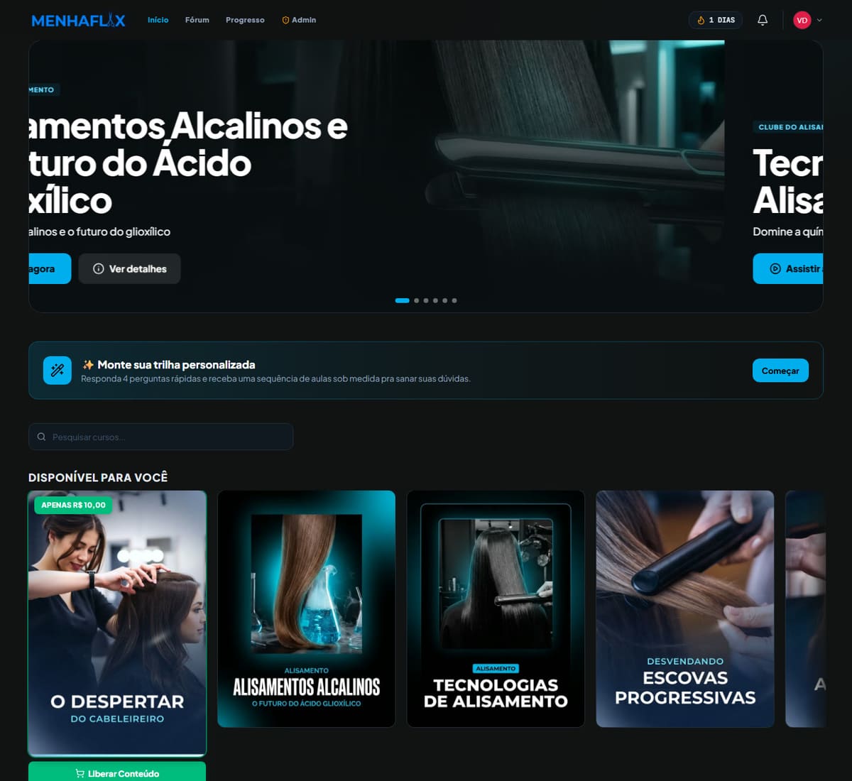 Vitrine de cursos da Menhaflix, escola real rodando no Webiia Space, com trilhas, busca e destaque de lançamentos